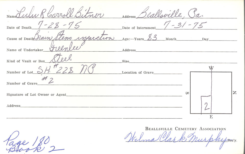 Lulu Carroll Bitner burial card